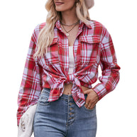 Damen kariertes Hemd mit knopfbarem Frontdesign und lässigem Knoten-Detail WW