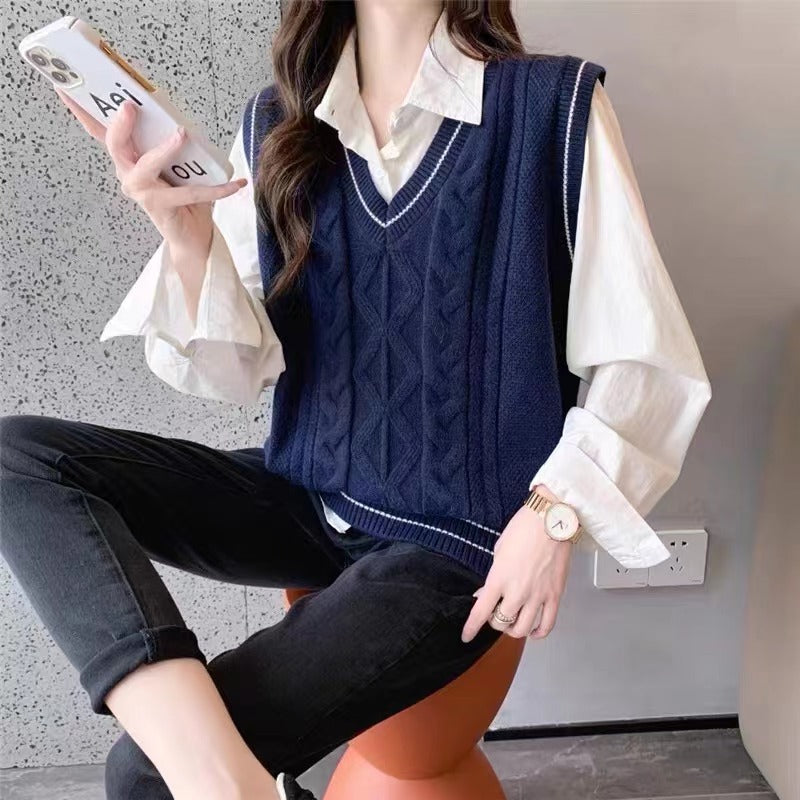 Damen Strickpullover mit V-Ausschnitt und geometrischem Zopfmuster WW