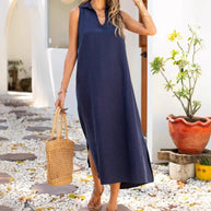 Damen ärmelloses Maxikleid mit tiefem V-Ausschnitt und seitlichen Schlitzen WW
