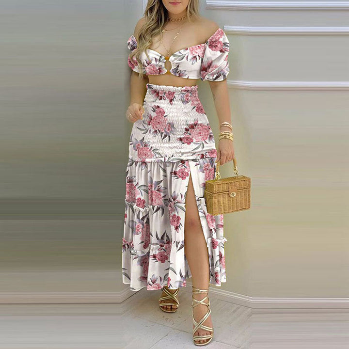Damen Zweiteiler mit schulterfreiem Crop-Top und schwingendem Rock W&W Mode