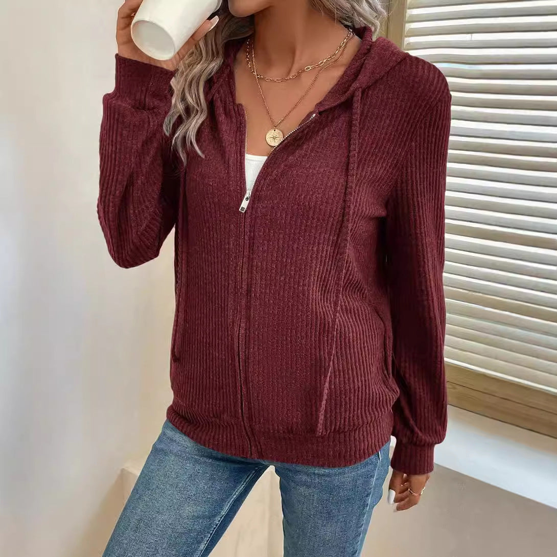 Damen gemütliche Kapuzenjacke im stylischen Rippstrickdesign WW