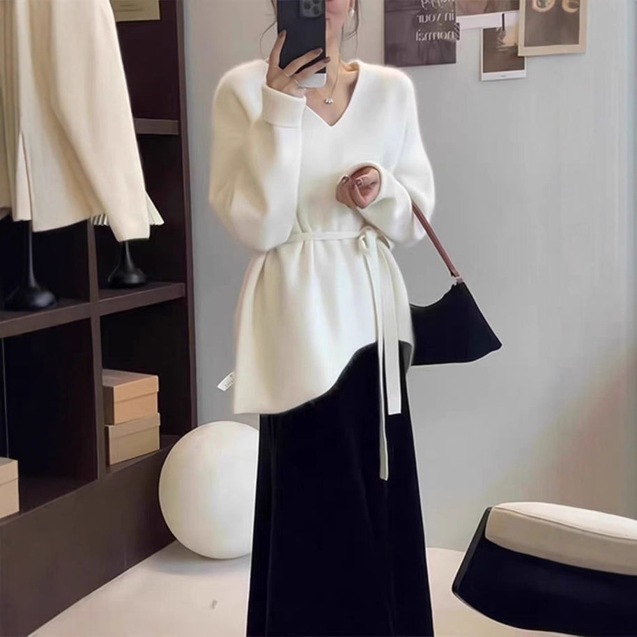 Damen Strickpullover mit V-Ausschnitt und Taillengürtel WW