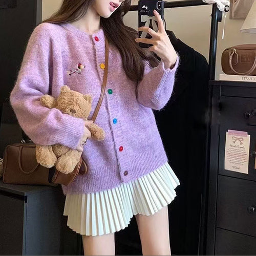 Damen Strickjacke mit bunten Knöpfen und gesticktem Motiv WW