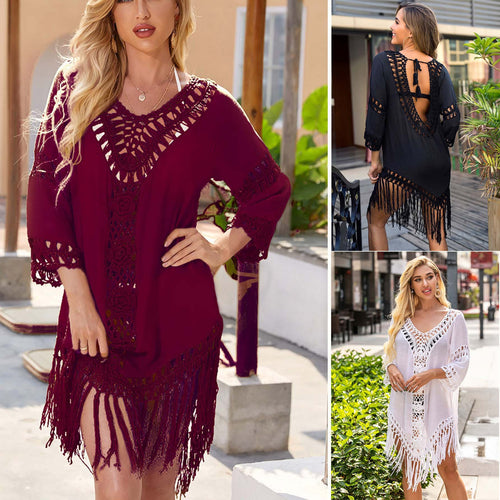 Damen Strandüberwurf mit kunstvollem Häkelmuster und gehäkelten Fransen WW