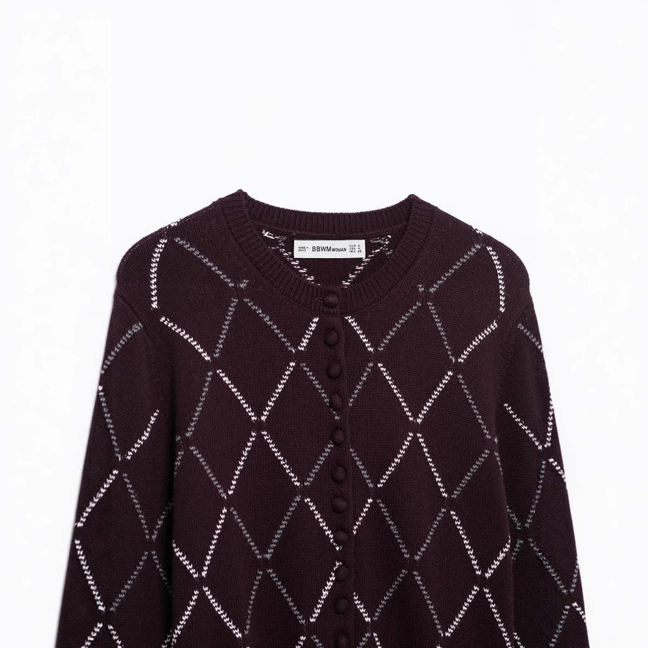 Damen Strickjacke mit geometrischem Muster und Knopfverschluss WW