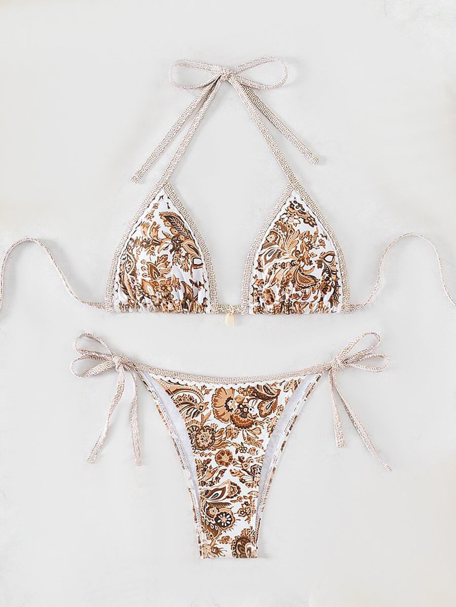 Damen Triangel-Bikini-Set mit verspieltem Blumenmuster und verstellbaren Bindebändern WW