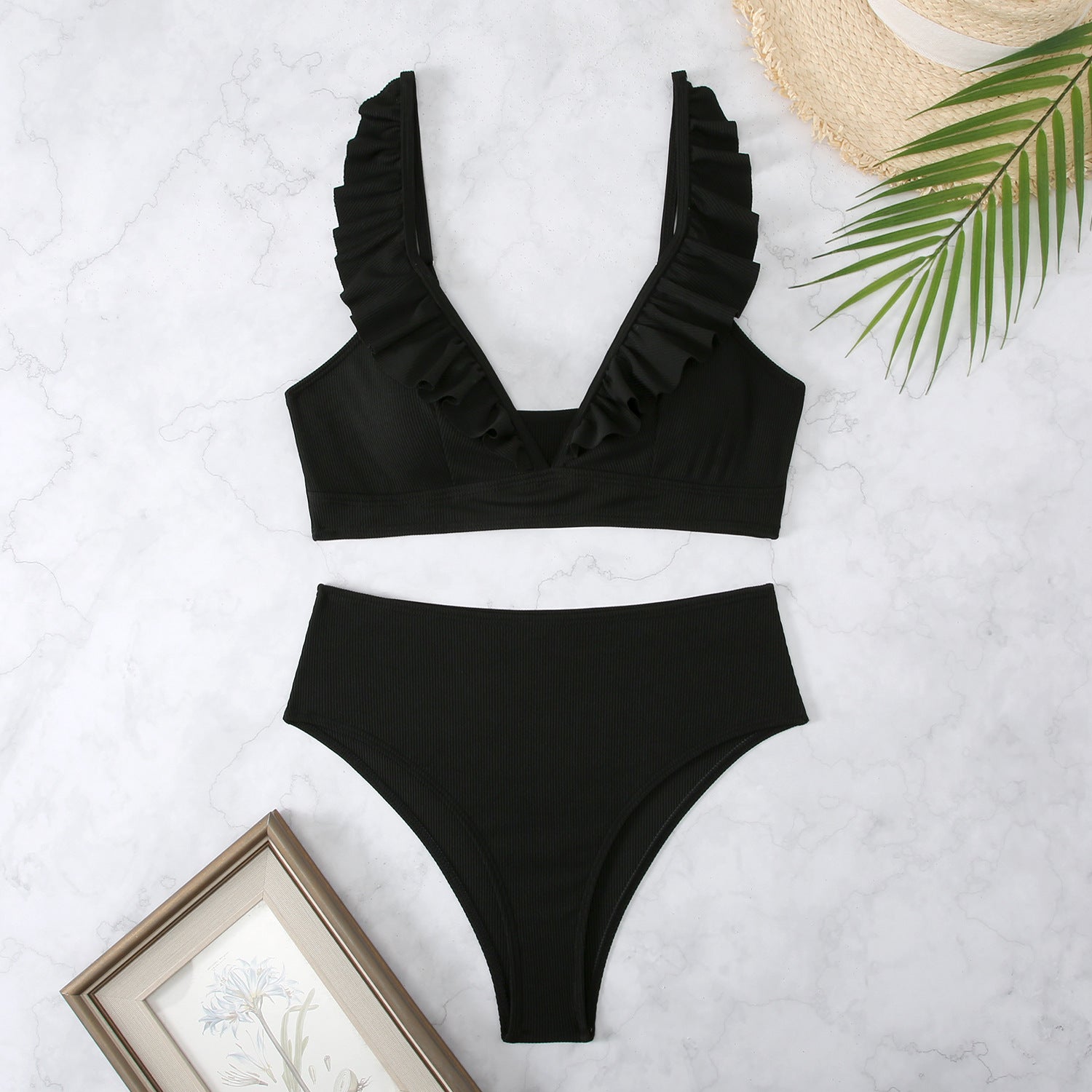 Damen Bikini-Set mit voluminösen Rüschen und hohem Taillenbund WW