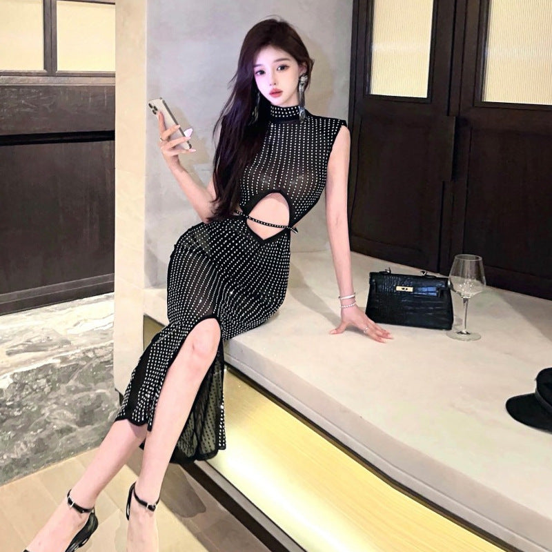W&W Mode | Sexy Mesh Durchsichtig Strass Hollow Split Bodycon Kleid