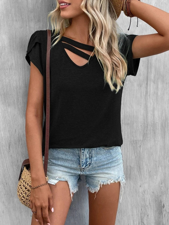 Damen lässiges Kurzarm T-Shirt mit einzigartigem Kreuz-Ausschnitt W&W Mode