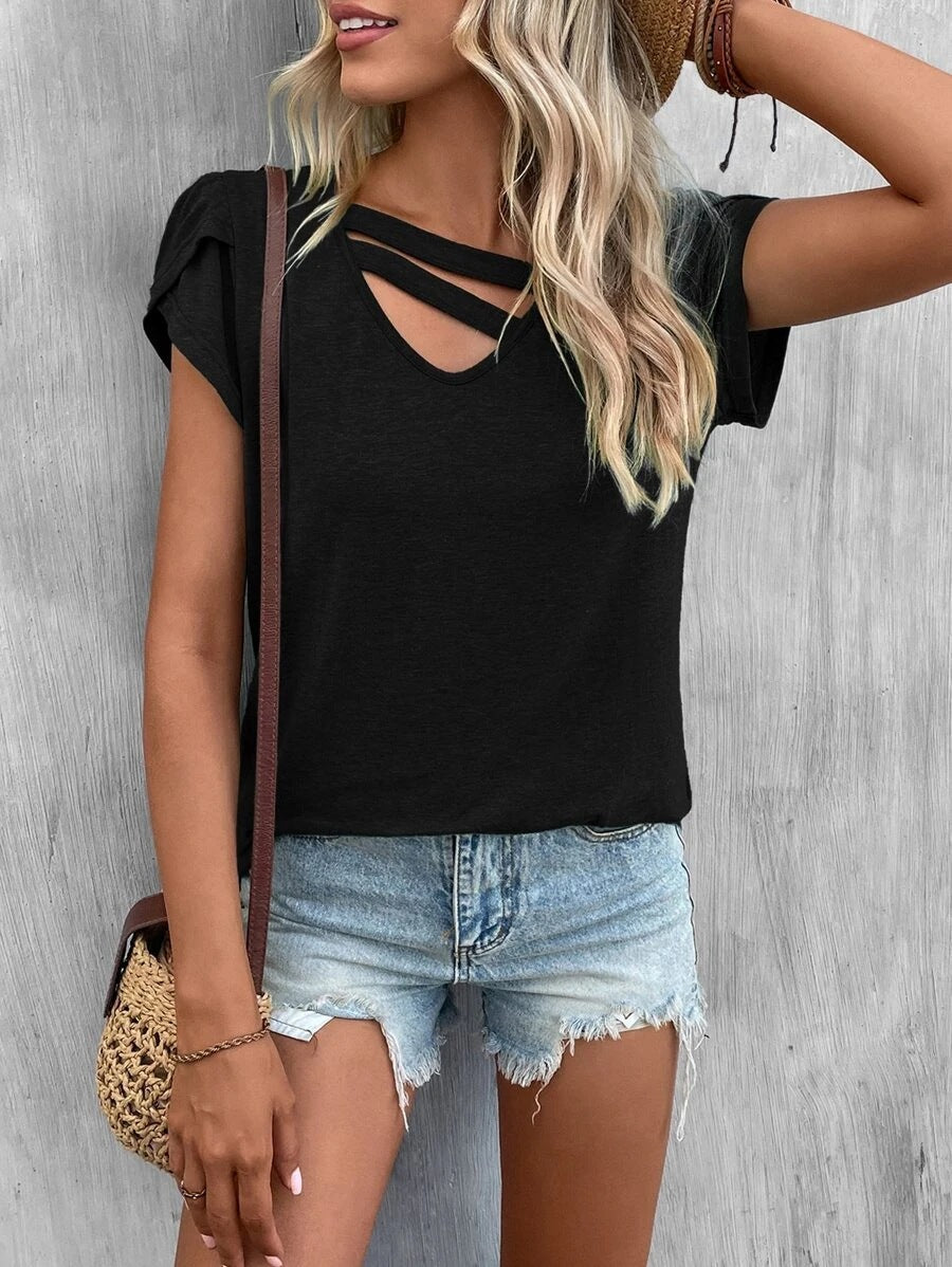 Damen lässiges Kurzarm T-Shirt mit einzigartigem Kreuz-Ausschnitt WW