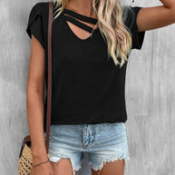 Damen lässiges Kurzarm T-Shirt mit einzigartigem Kreuz-Ausschnitt WW