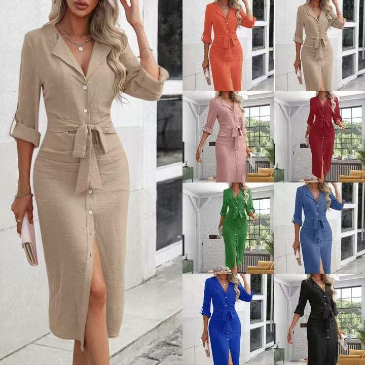Damen knielanges Hemdblusenkleid mit Gürtel und modernem Revers W&W Mode