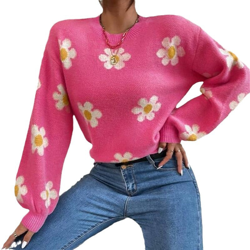Damen Strickpullover mit verspieltem Blumenmuster und eleganten Puffärmeln WW