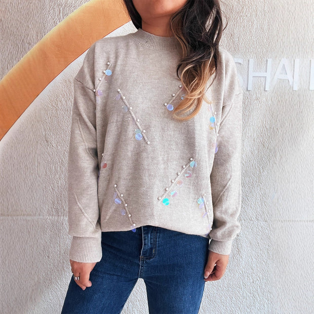 Damen Pullover mit modischen Perl- und Strassdetails WW