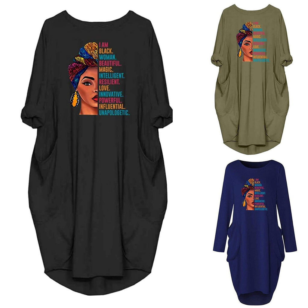 Damen Langarm Kleid mit einzigartigem Grafikdesign und praktischen Taschen WW
