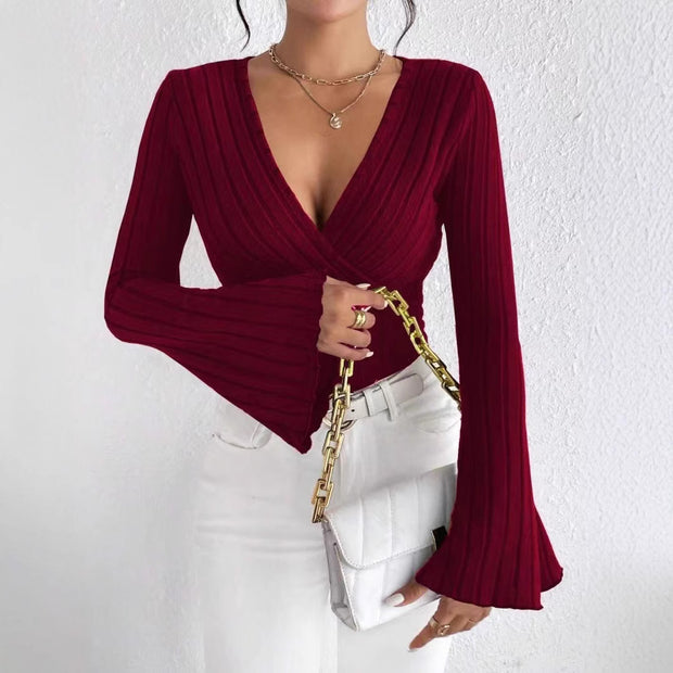 Damen Strickoberteil mit Wickeldesign und weitem Ärmel WW