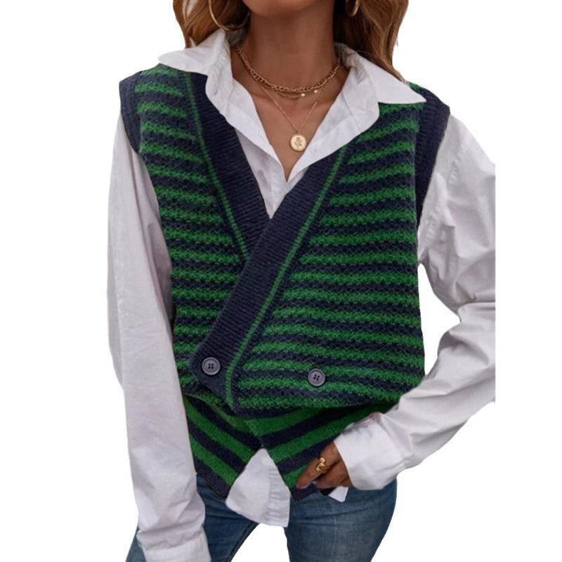 Damen Strickweste mit modischem Streifenmuster und doppeltem Knopfverschluss WW