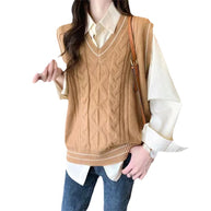 Damen Strickpullover mit V-Ausschnitt und geometrischem Zopfmuster WW
