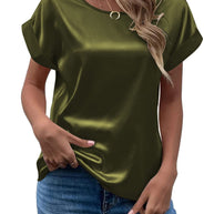 Damen modisches Satinoberteil mit lässigem Schnitt und kurzen Ärmeln WW