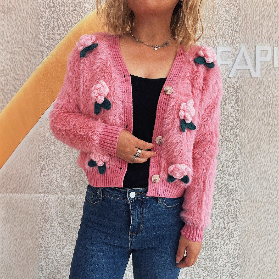 Damen Strickjacke mit floralen Applikationen und weichem Material WW