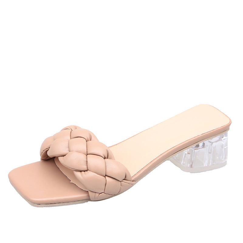 Damen Mules mit geflochtenem Riemen und transparentem Blockabsatz WW