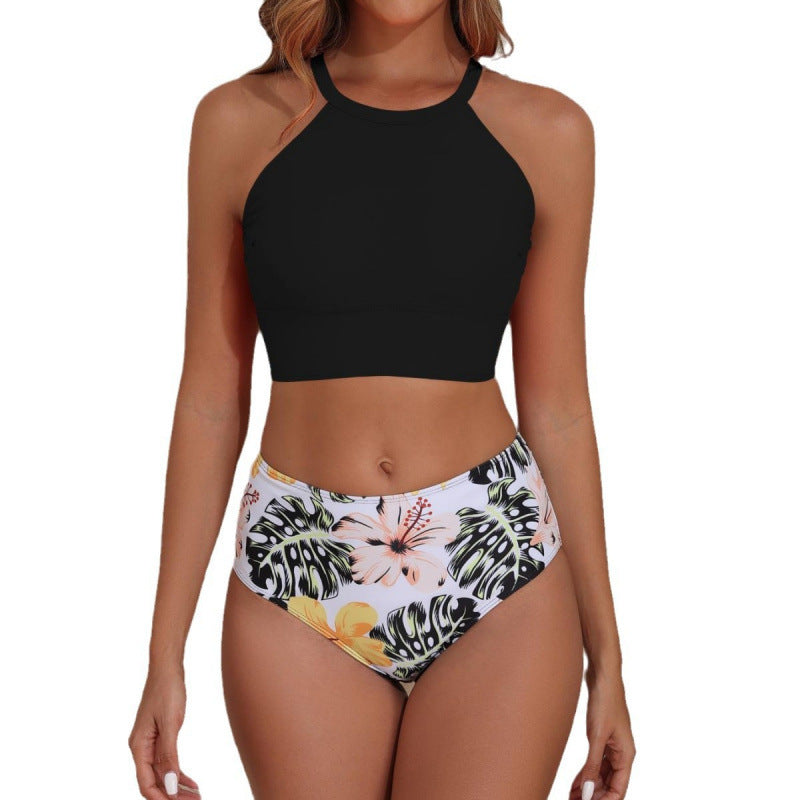 Badeanzug Oberteil mit Hochkragen und floraler Hochschnitt-Hose WW