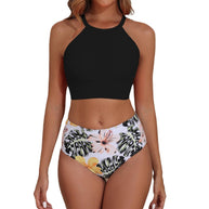 Badeanzug Oberteil mit Hochkragen und floraler Hochschnitt-Hose WW