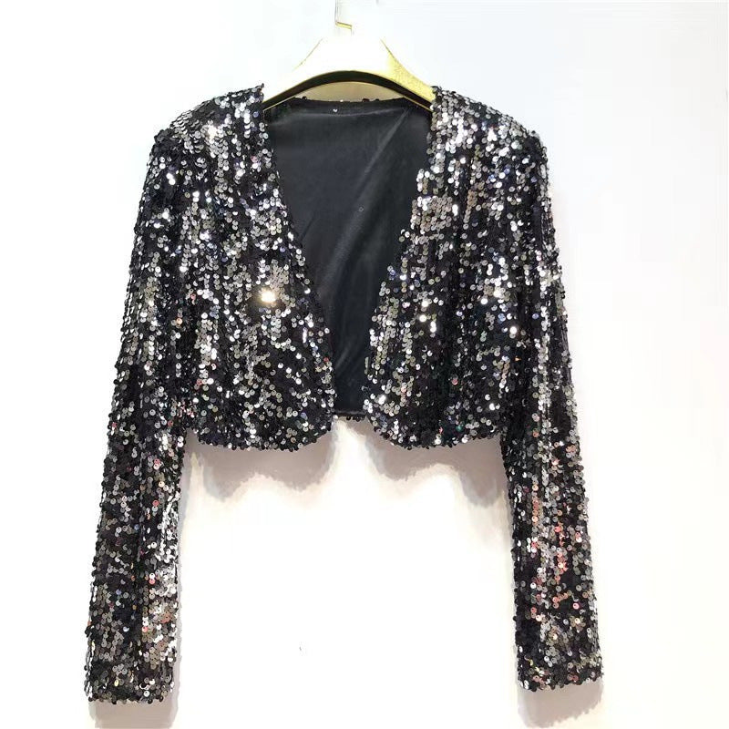 Damen Glitzernde Paillettenjacke mit langem Arm und offenem Schnitt WW