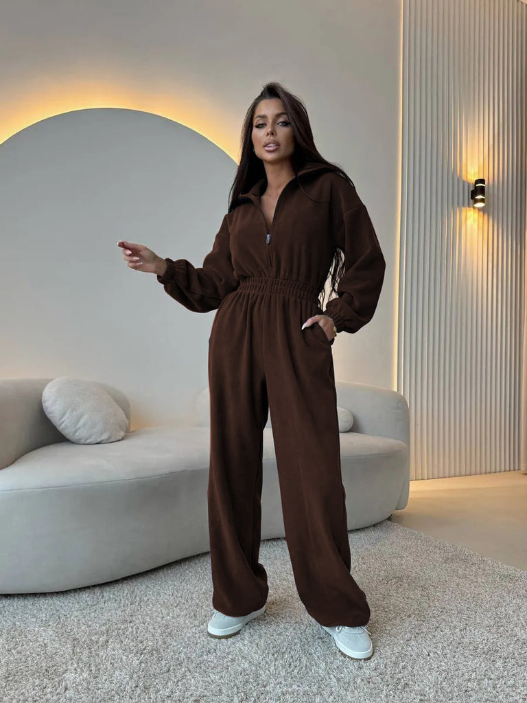 Damen eleganter Jumpsuit mit kurzem Reißverschluss und elastischem Bund WW