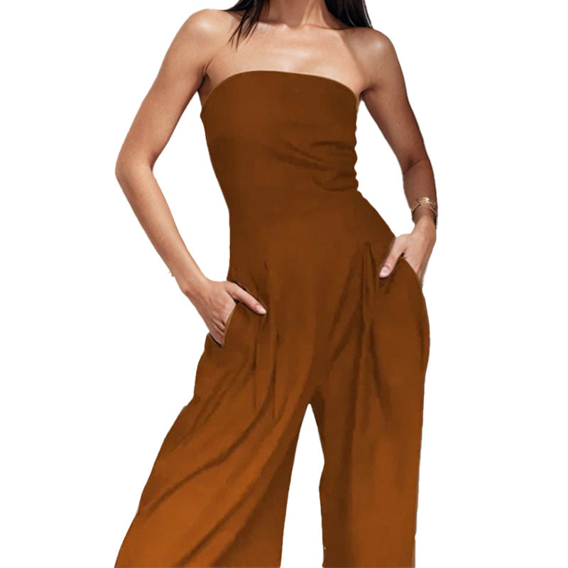 Damen Hochwertiger Jumpsuit mit schulterfreiem Design und weitem Bein WW