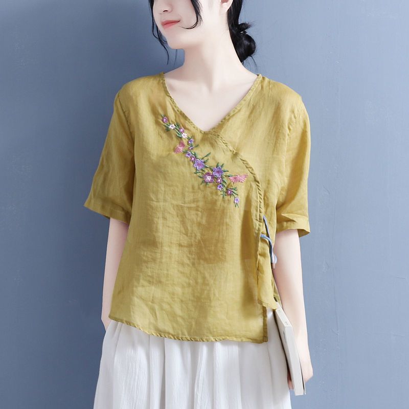 Damen Bestickte V-Ausschnitt Leinenbluse WW