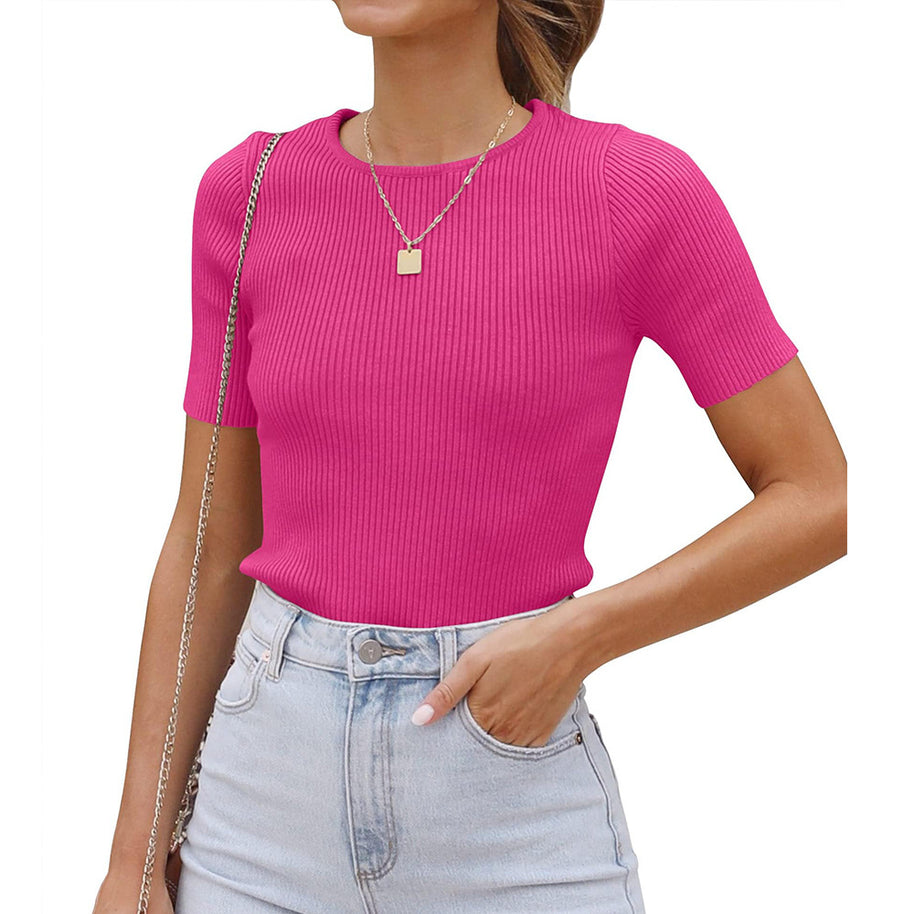 Damen figurbetontes T-Shirt mit feiner Rippstruktur und Rundhalsausschnitt WW