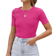 Damen figurbetontes T-Shirt mit feiner Rippstruktur und Rundhalsausschnitt WW