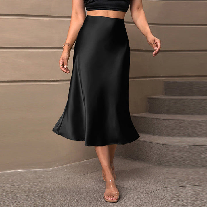 Damen Satin Midirock mit schwingendem Schnitt und elastischem Bund W&W Mode
