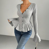 Damen Strickoberteil mit raffiniertem Kellerfalten-Design und Knopfleiste WW