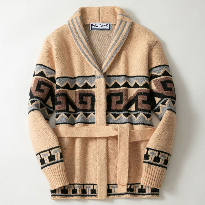 Damen Strickjacke mit grafischem Muster und Gürtel WW