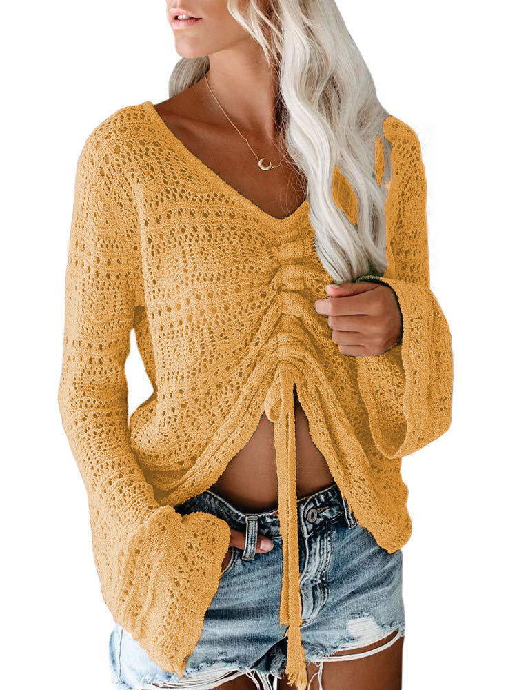 Damen angesagter V-Ausschnitt Pullover mit Raffung WW
