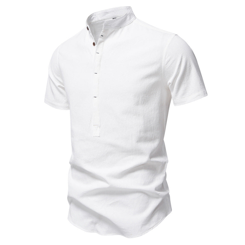 Herren nan lässiges Kurzarmshirt mit Stehkragen, halber Knopfleiste und leicht strukturierter Baumwoll-Leinen-Qualität W&W Mode