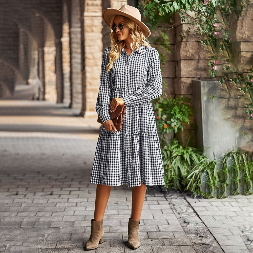 WW | Karo Knopf A-Linien Gestuftes Kleid