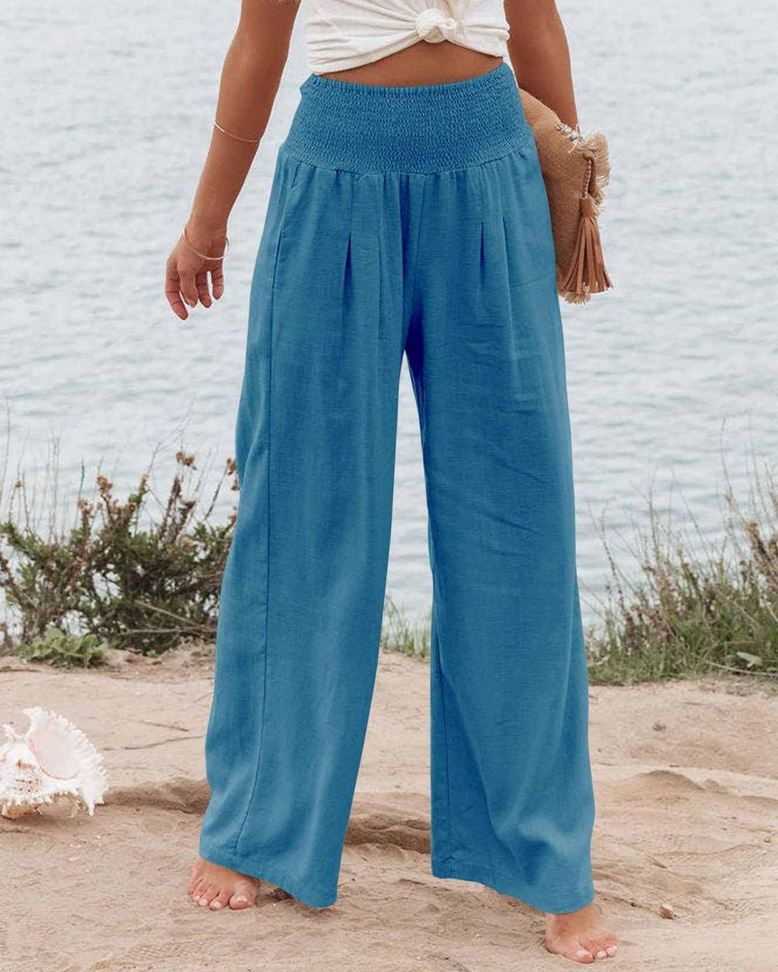Damen Weite Leinenhose mit elastischem Bund und Falten WW