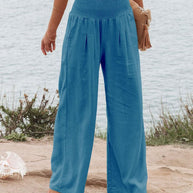 Damen Weite Leinenhose mit elastischem Bund und Falten WW