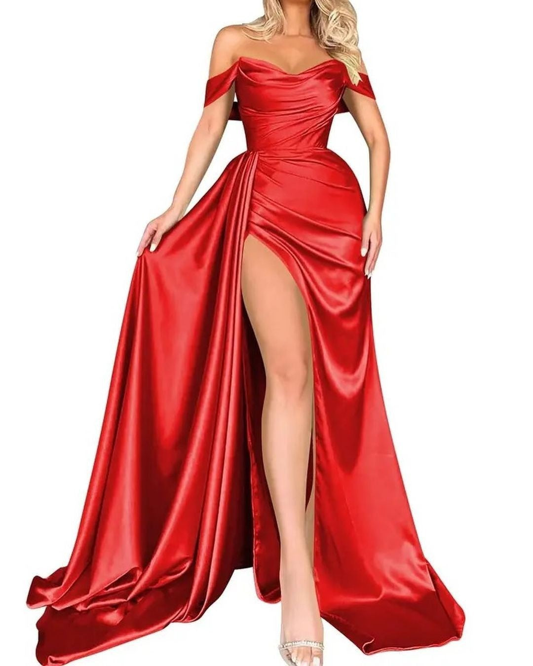 Damen Off-Shoulder Abendkleid mit hohem Beinschlitz und voluminösem Rock W&W Mode