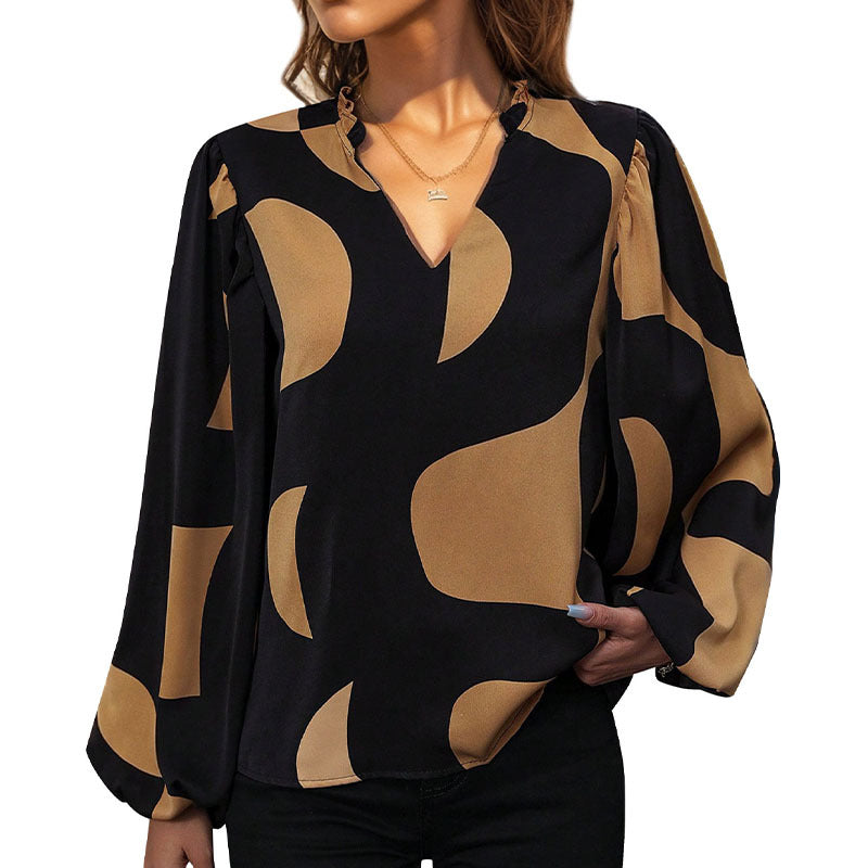 Damen Bluse mit modischem V-Ausschnitt und einzigartigem Muster WW