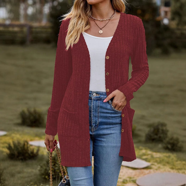 Damen Strickjacke mit V-Ausschnitt und praktischen Taschen WW