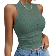Damen figurbetontes Tanktop mit Lochstickereien und elegantem Stehkragen W&W