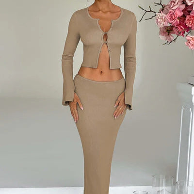 Damen Strick Set mit tiefem Ausschnitt und ausgestellten Ärmeln WW