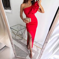 Damen Elegantes One-Shoulder Abendkleid mit Rüschen und hohem Schlitz WW