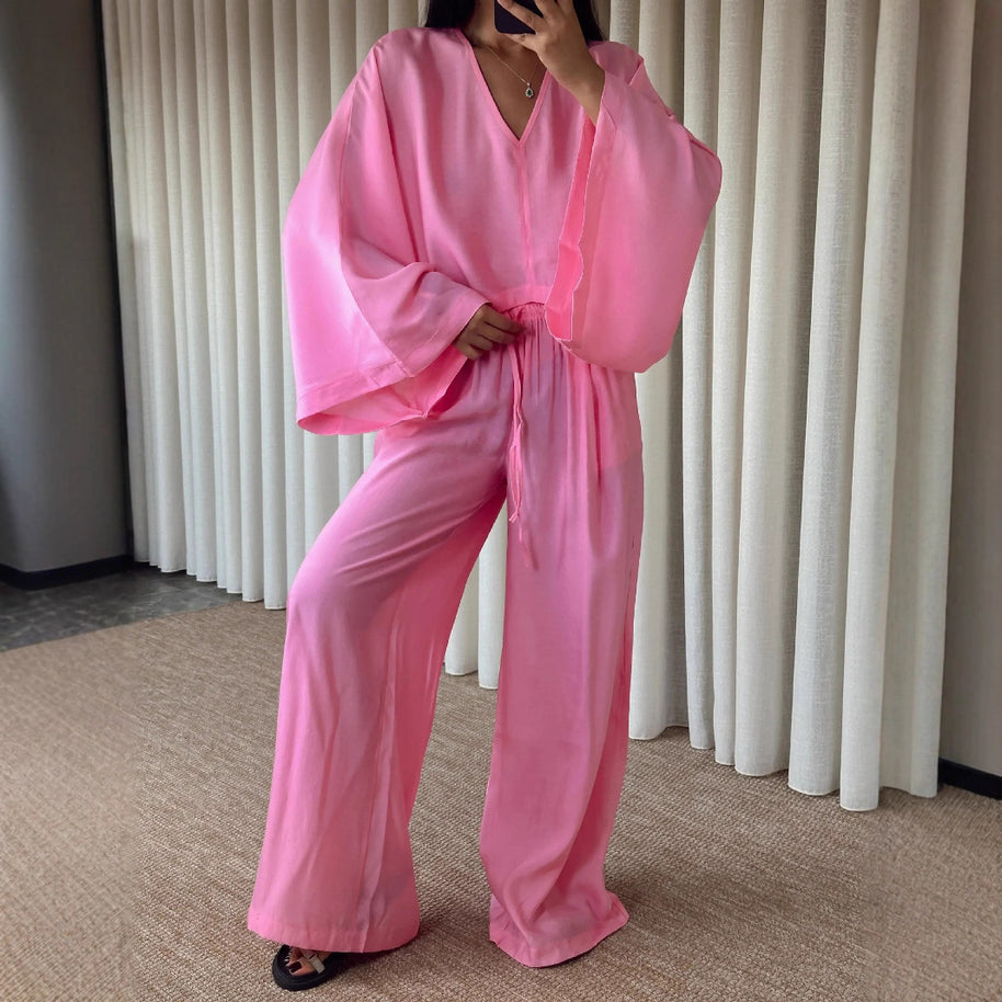 Damen Set aus luftiger Bluse und weitem Hosenanzug WW