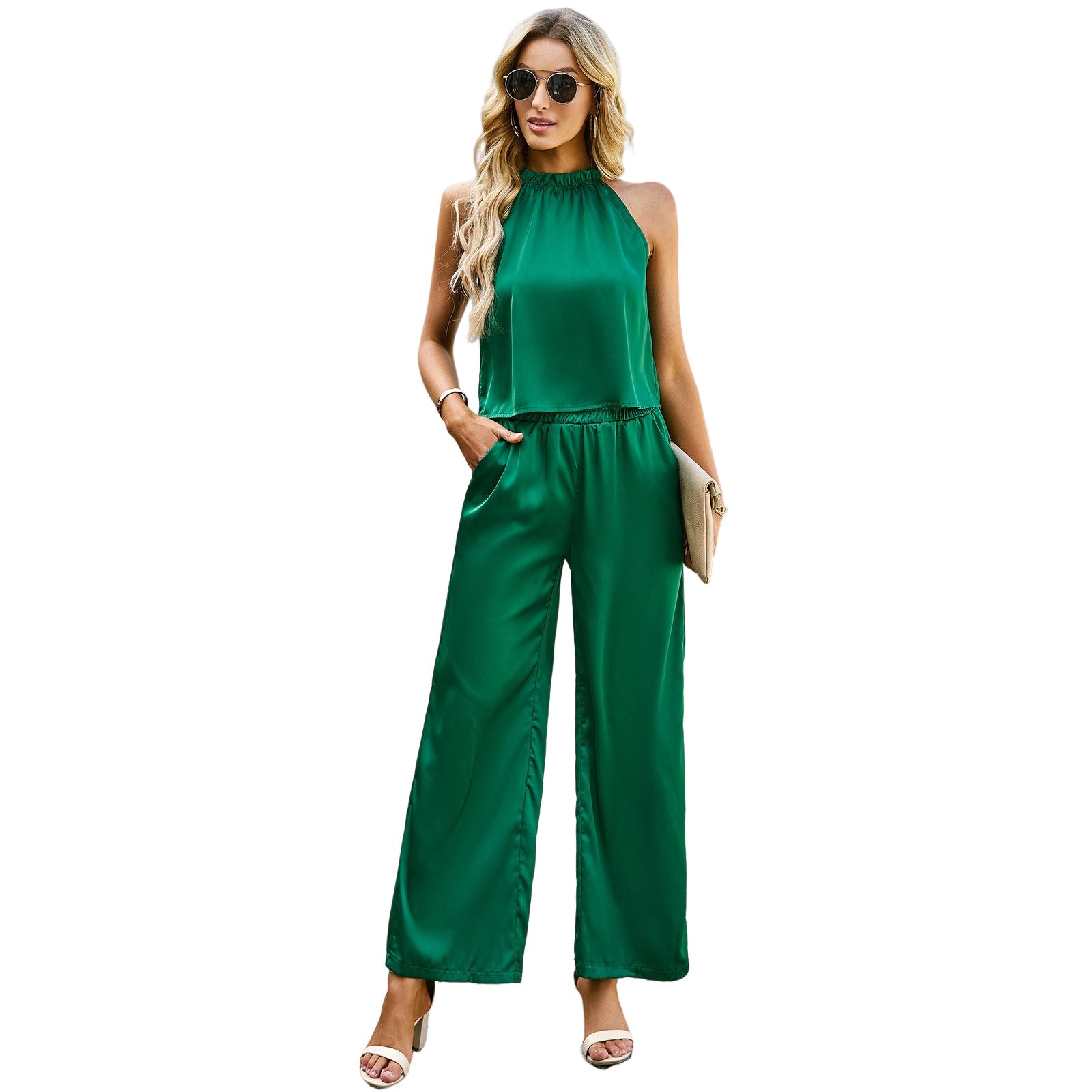 Damen eleganter Jumpsuit mit ausgestelltem Bein und hohem Kragen WW