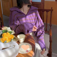 Damen Strickpullover mit lässigem Kragen und attraktiven Streifen WW